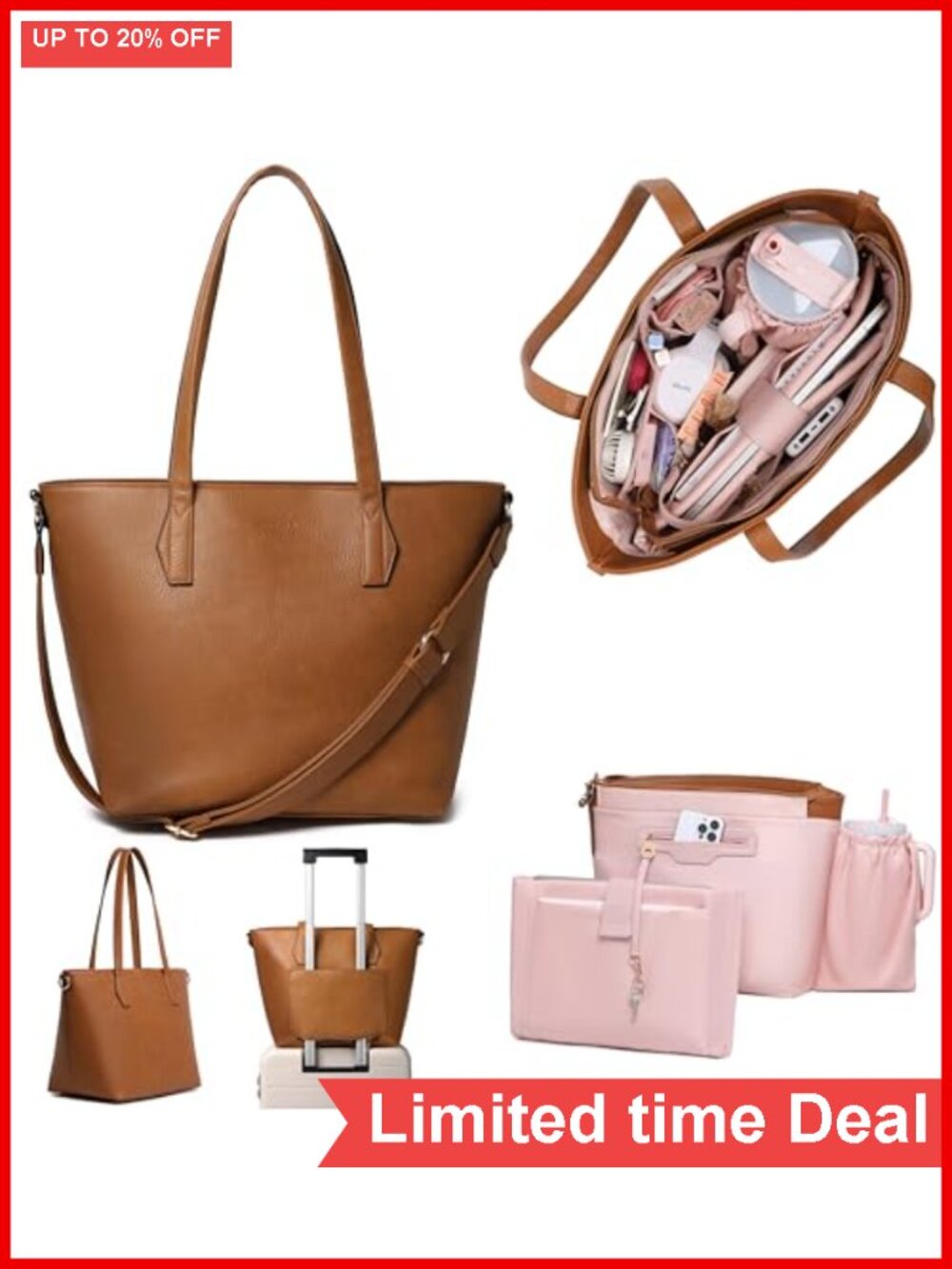 16" Laptop Tote Bag Vegan Leather Work Bag RFID Cupholder Trolley Sleeve